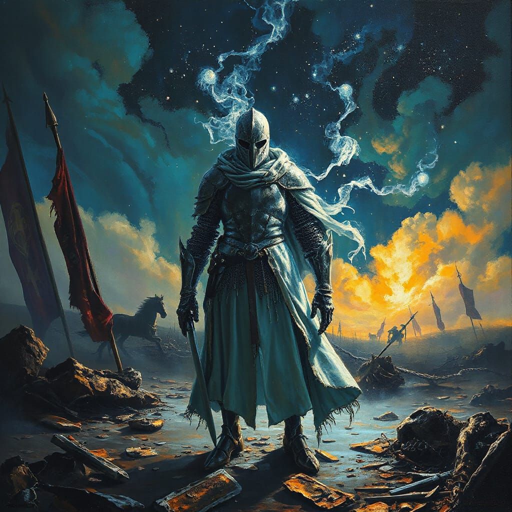 Ethereal Knight in Desolate Battlefield Landscape