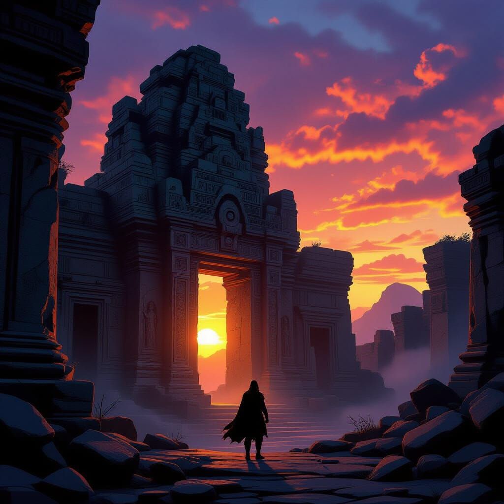 Adventurer at Ancient Ruin in Epic Fantasy Style