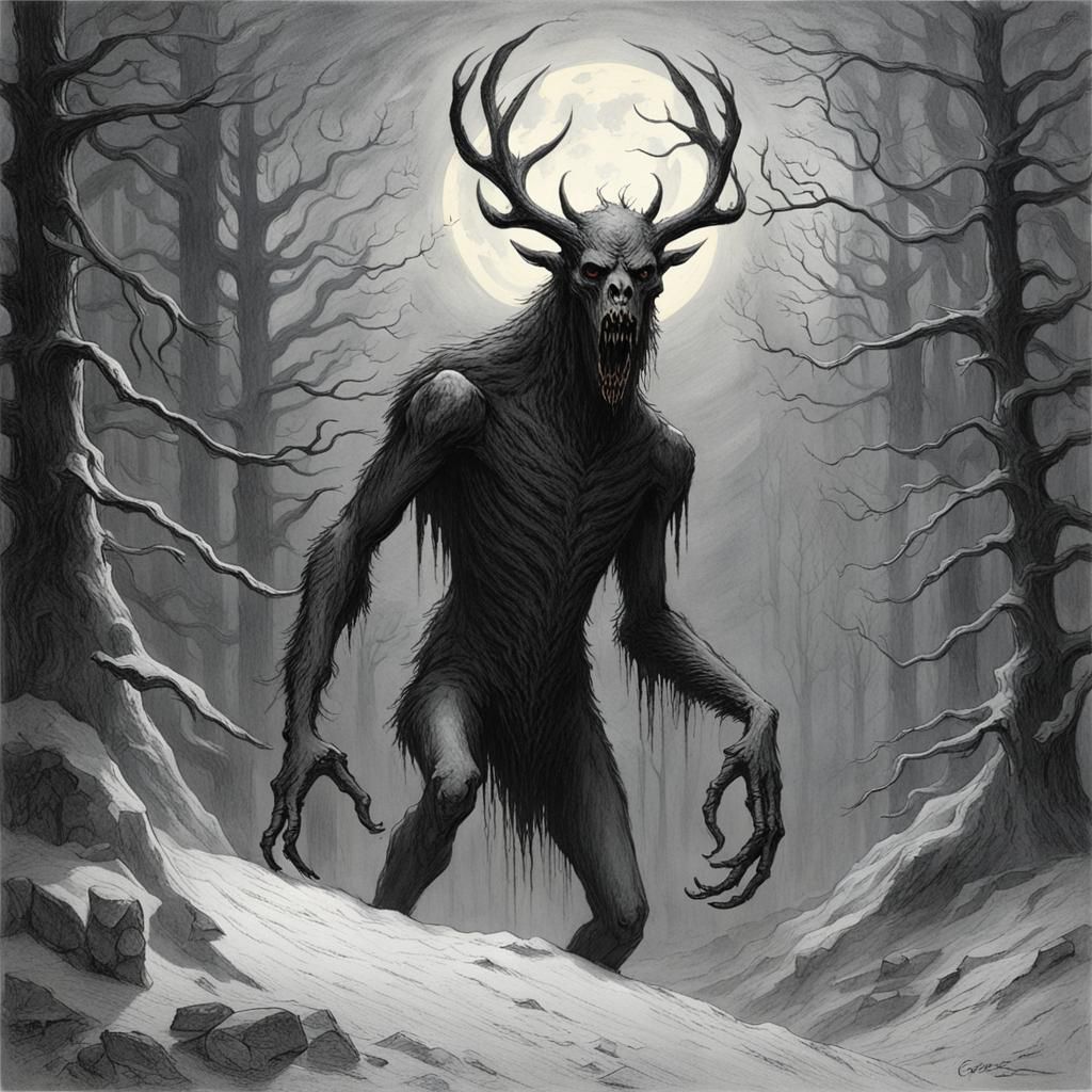 Horrific Wendigo Illustration in Engraving Style
