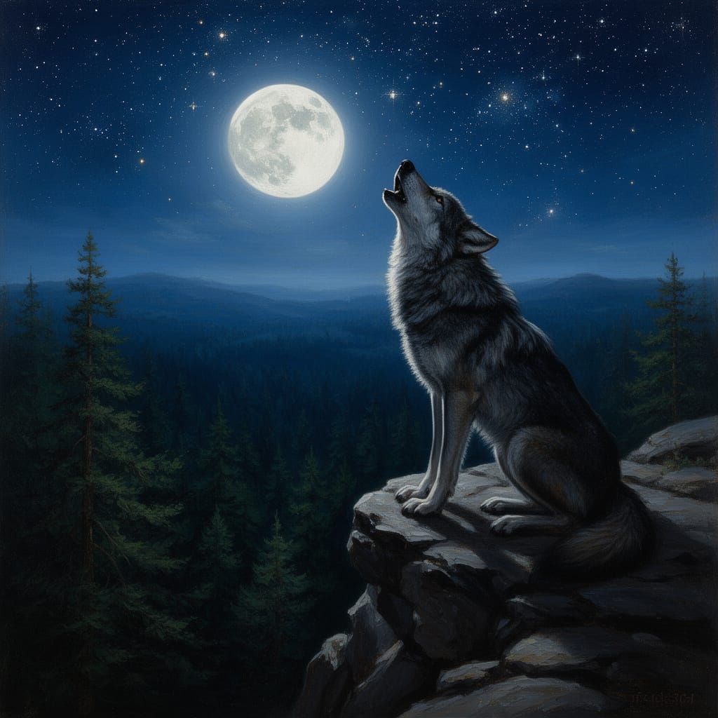 Wolf Howling at Full Moon in Realistic Oil Painting Style