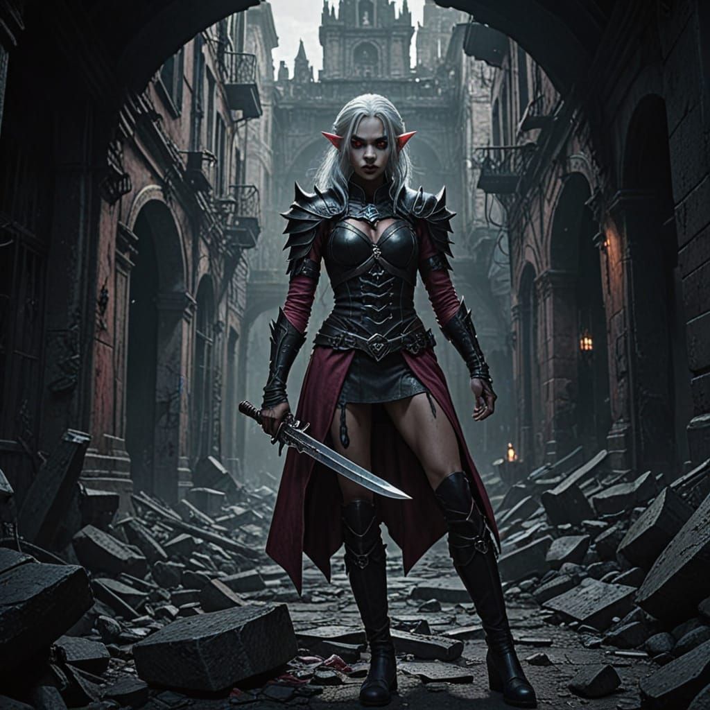 Drow Elf Lost in Forgotten City, Dark Fantasy Art