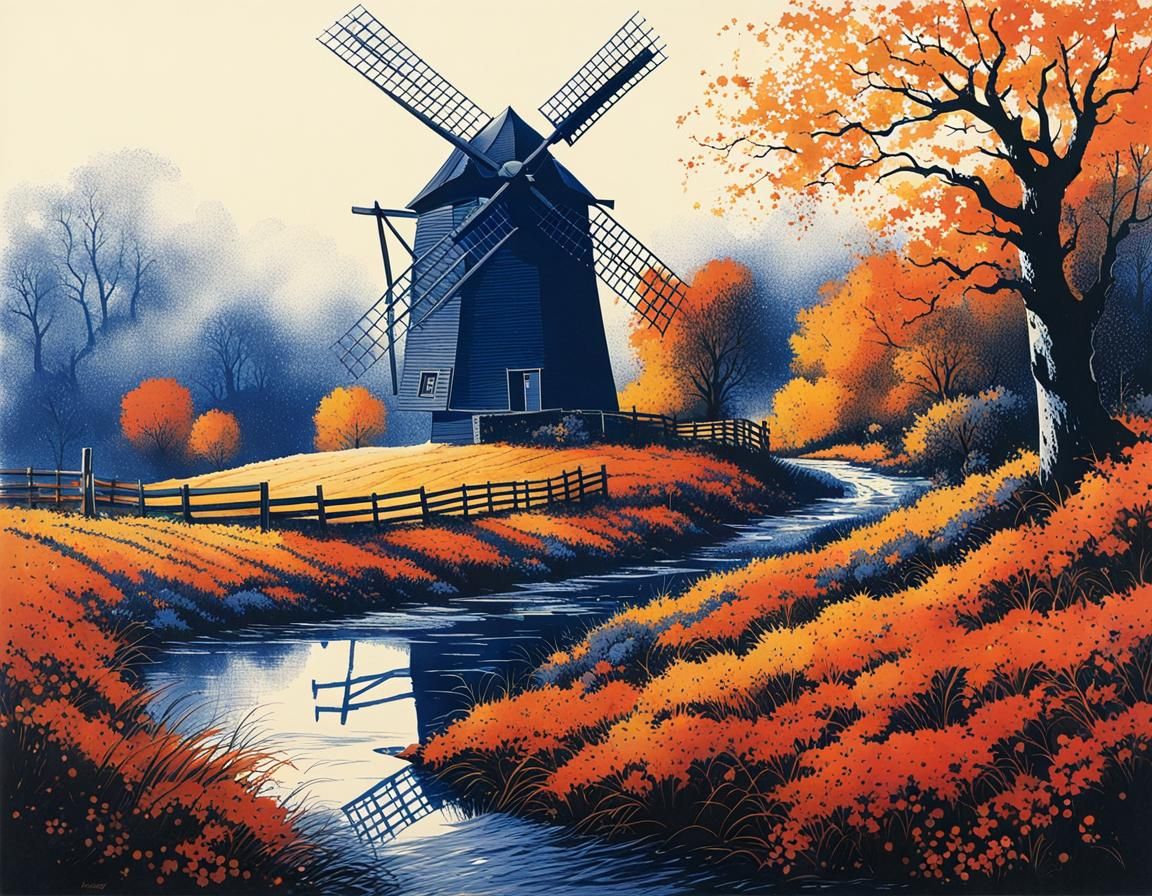 Autumn Windmill: Blue Ink Drawing with Splatter