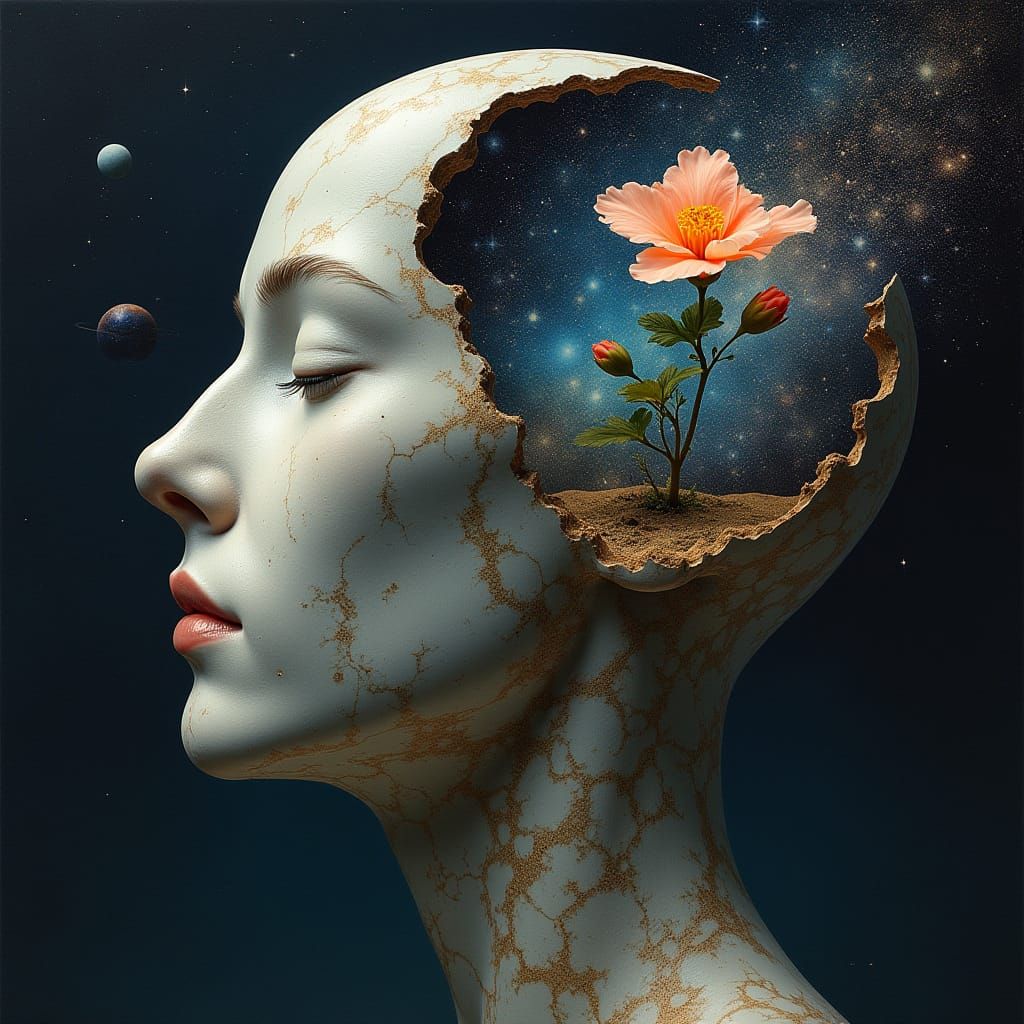 Surreal Head with Universe Inside, Evoking Dali