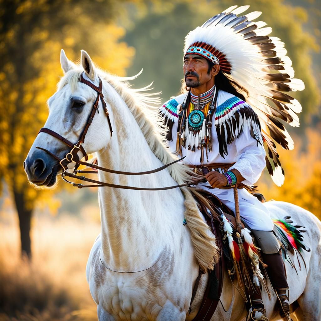 Native American Rider on White Horse in Traditional Dress