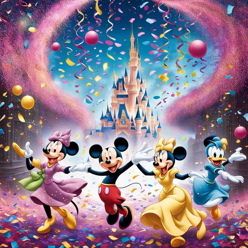 Whimsical Disney characters, joyfully celebrate amidst a vib...
