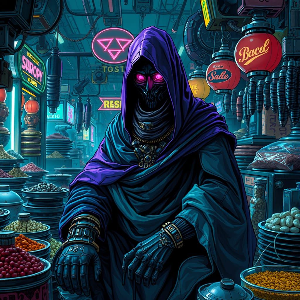 Cyberpunk Merchant in a Neon Marketplace
