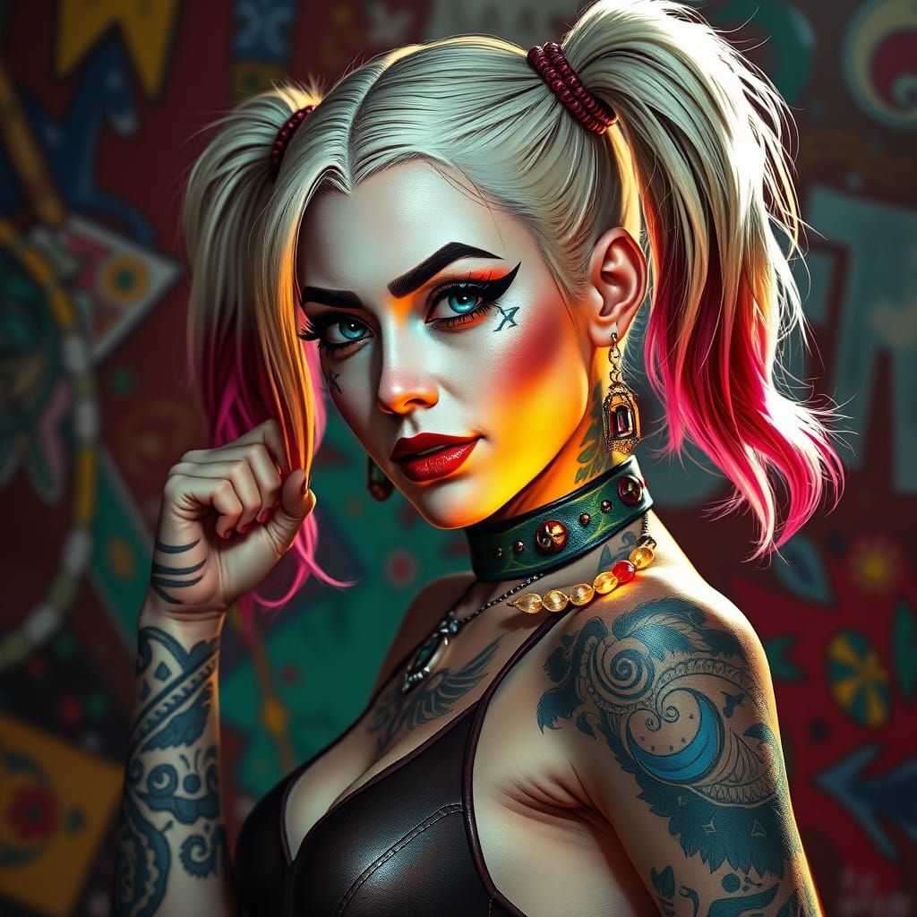 Harley Quinn Portrait with Tribal Tattoos in Hyperrealism