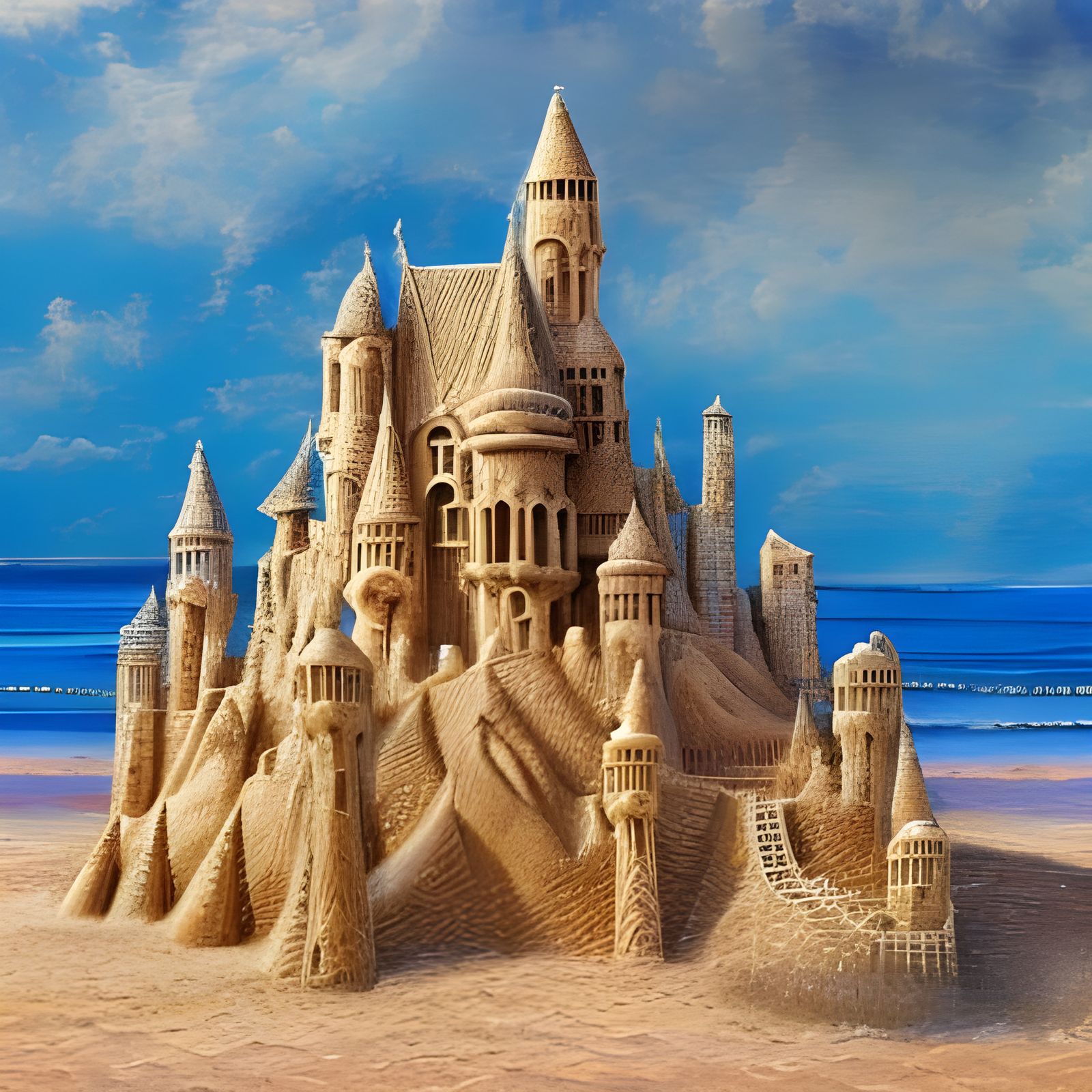 Elaborate Sandcastle on Beach in Hyperrealistic Style