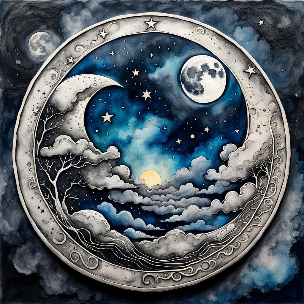 Abstract Moon in Ink-Washed Sky