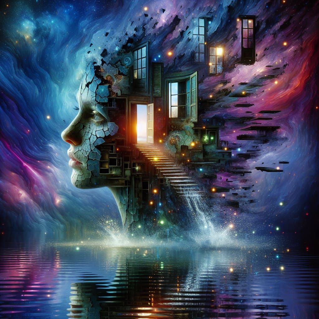 Surreal Woman Portrait Crumbling into a Dreamscape