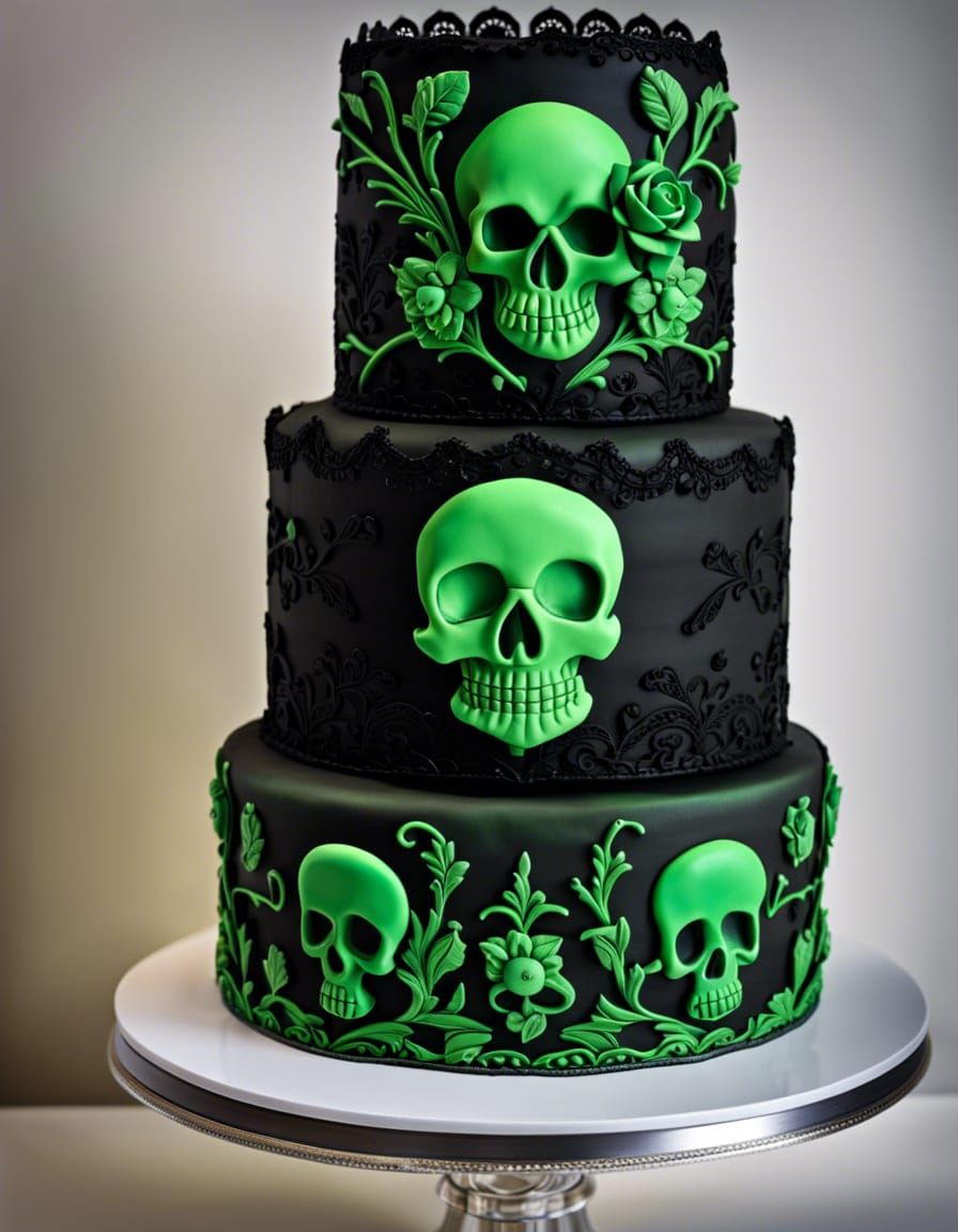 Green and Black Cake with Skull in HDR