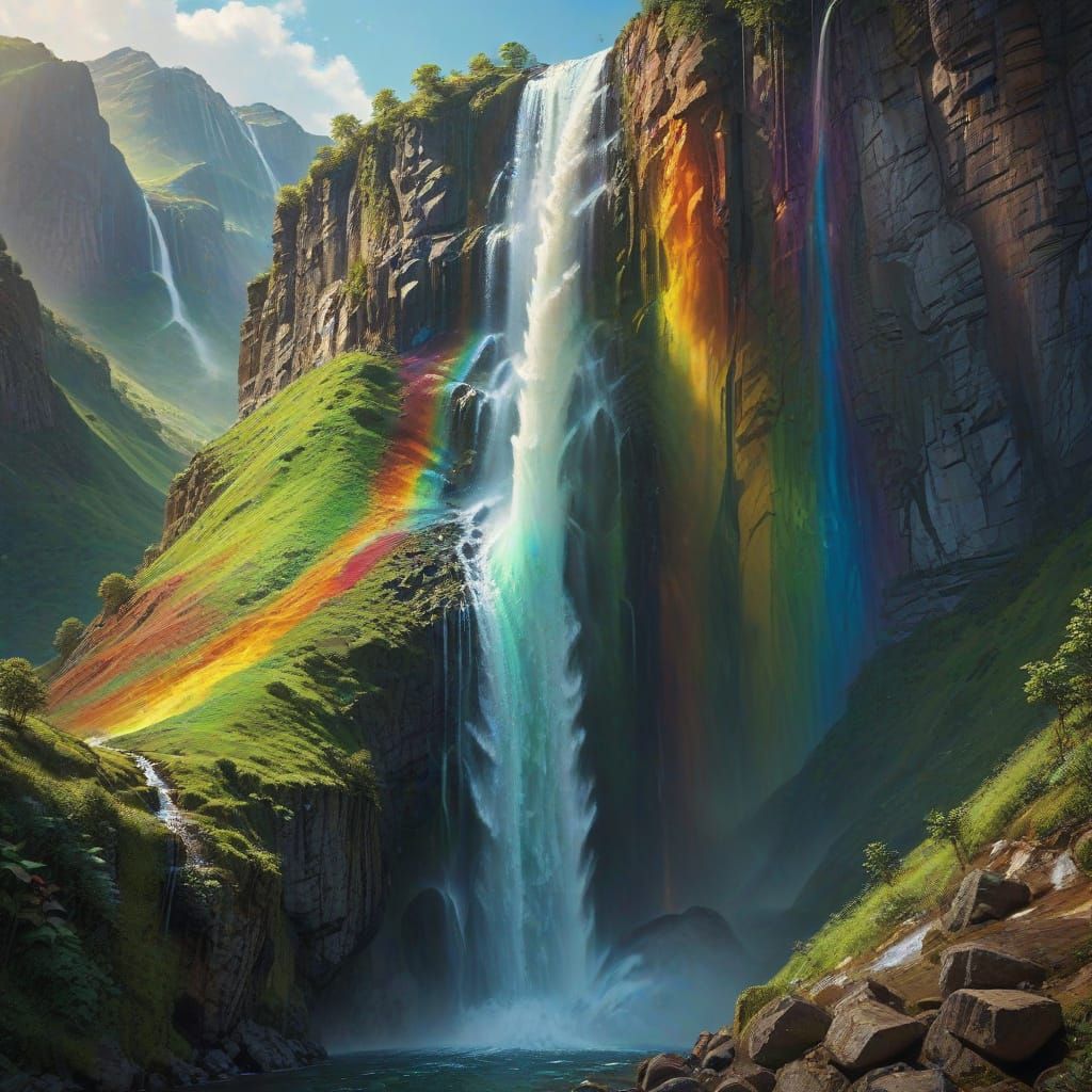 Rainbow Reflections on a Serene Waterfall in Hyperrealistic ...