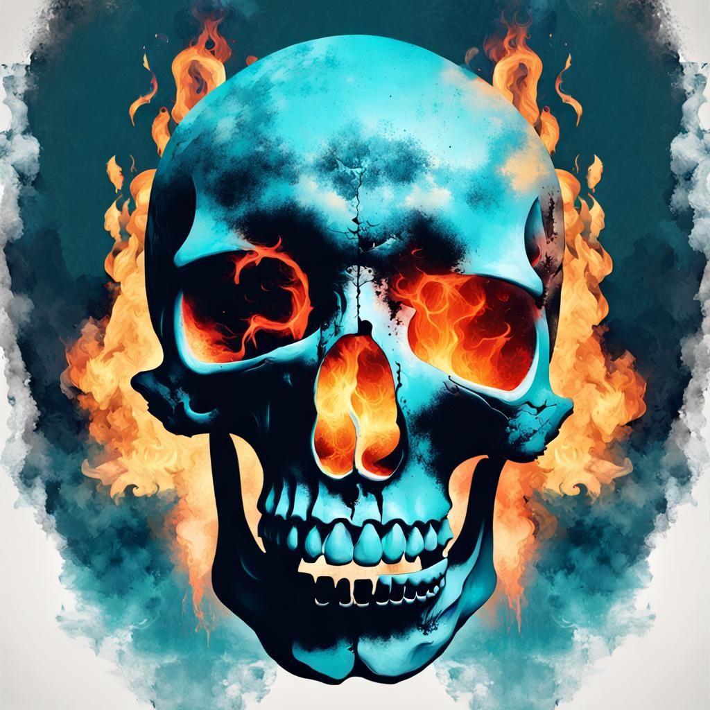 Fiery Skull and Crow Double Exposure