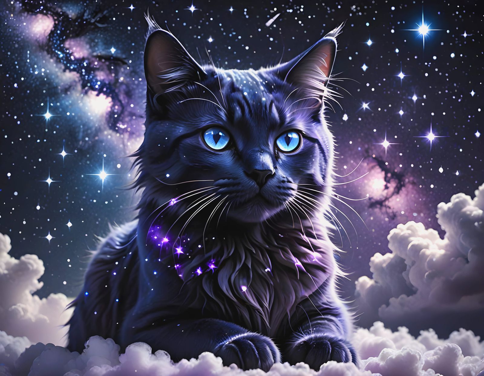 A magical star cat, with constellation-like fur in midnight blue and purple.