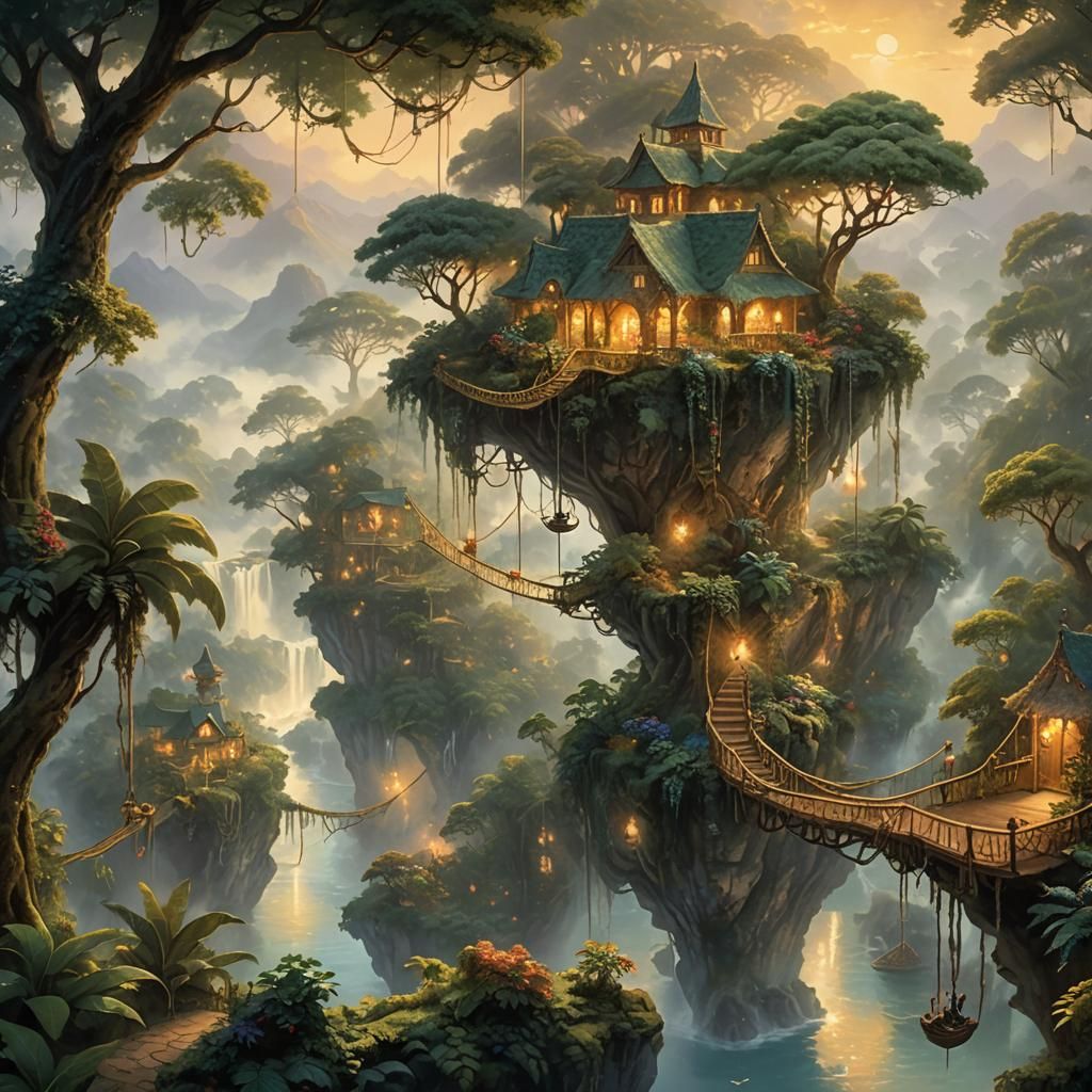 Floating Jungle Islands in Ethereal Fantasy Style