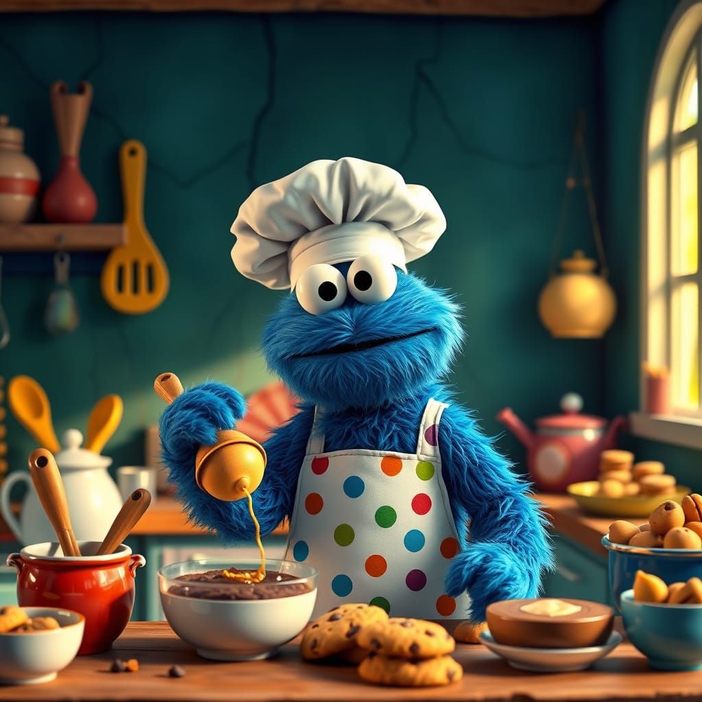 Whimsical Cookie Monster in Chef's Hat Creates Peanut Butter...