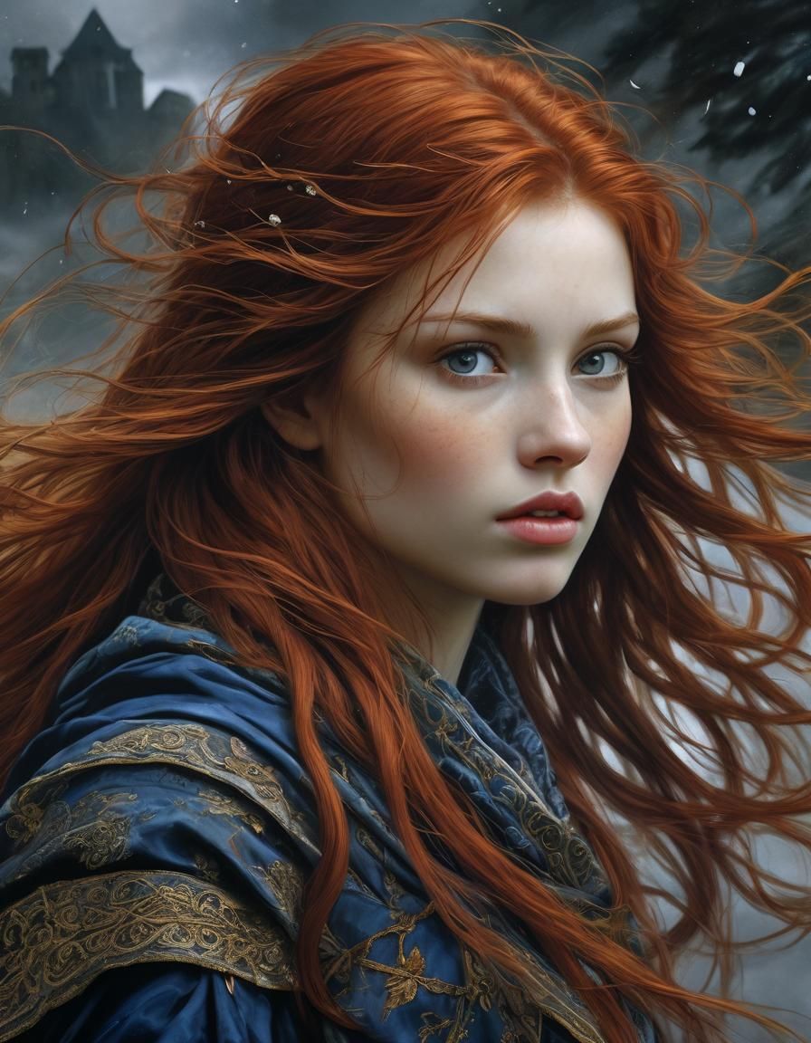 Medieval Woman with Flowing Red Hair