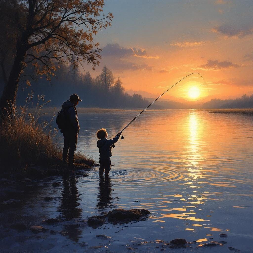 Impressionist Fishing Scene at Twilight with Golden Light
