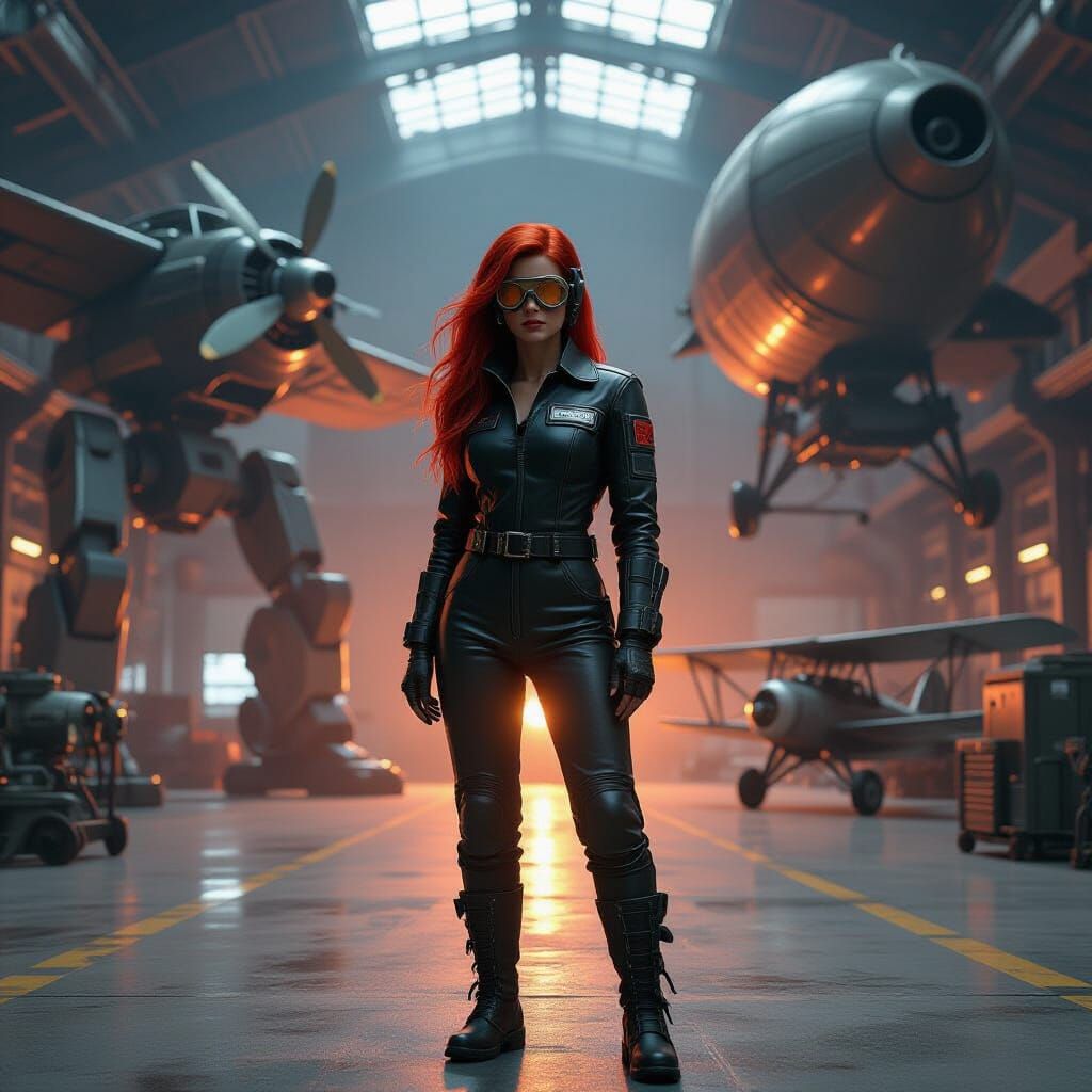 Dieselpunk Mechanic in Hangar with Colossal Mechs