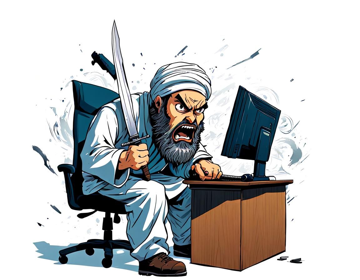 Angry Bearded Man at Desk in Anime Style