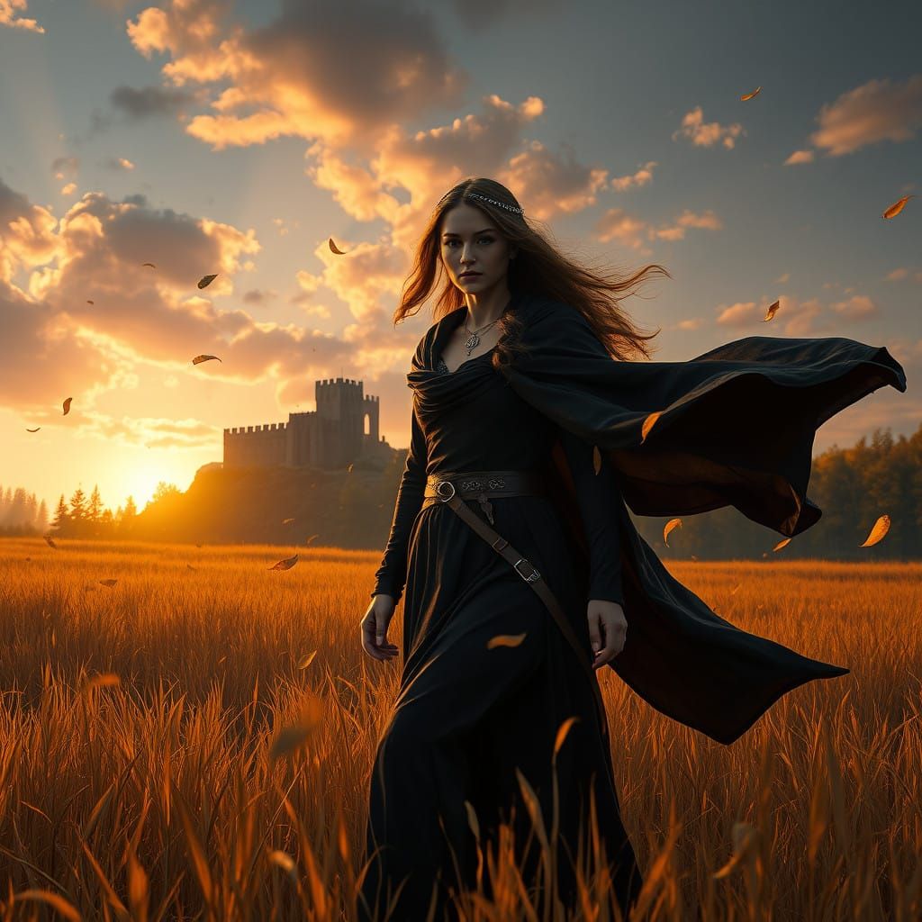 Mystical Woman Walks Golden Field at Dusk Inspired by Fantas...