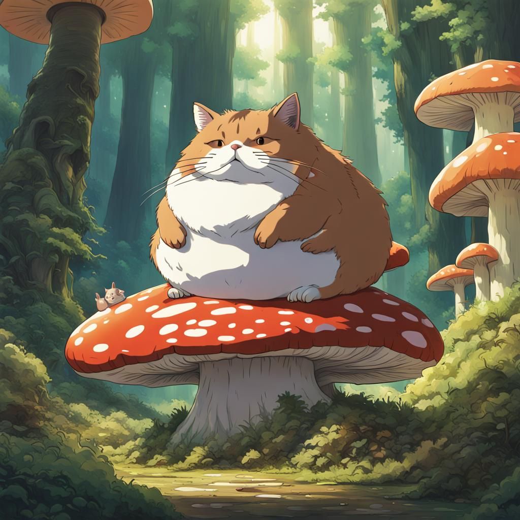 Chubby Cat on Mushroom, Anime Style
