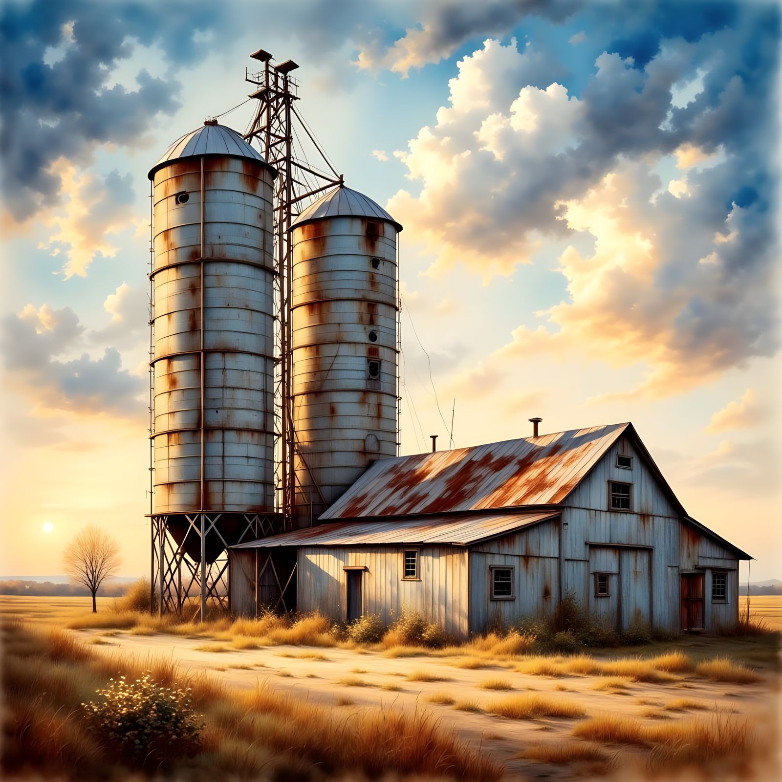 Surreal Rural Landscape in Antique Watercolor Style