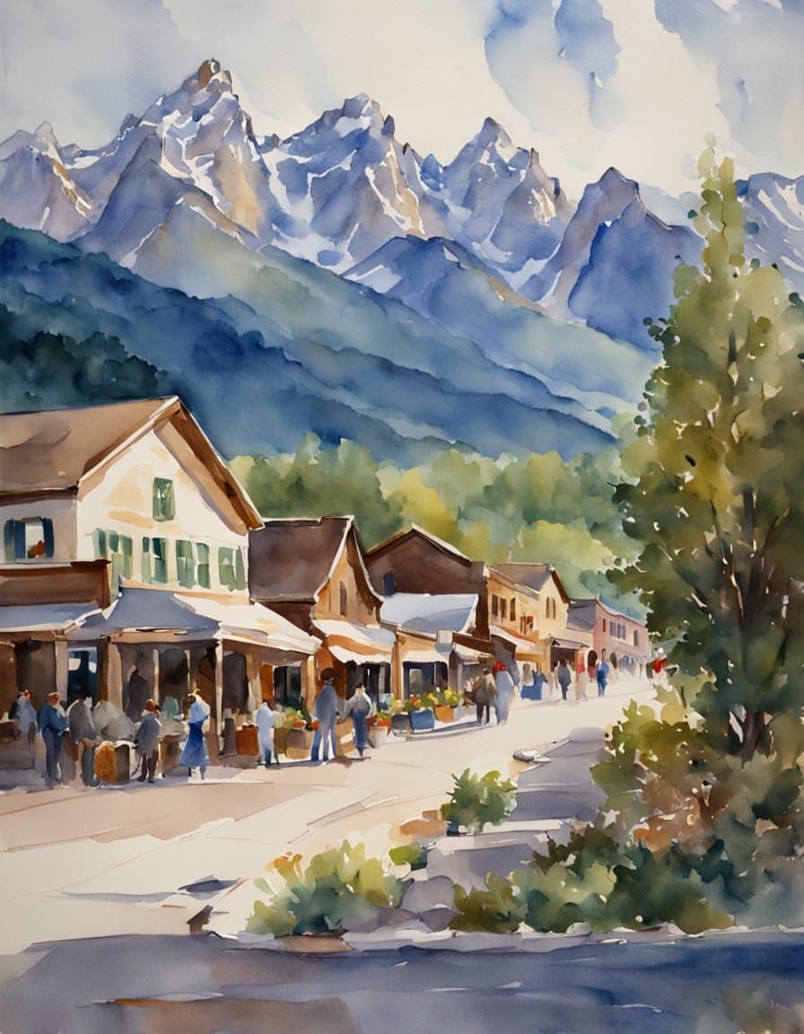 Charming Mountain Town Square in Jackson Hole, Wyoming, in W...