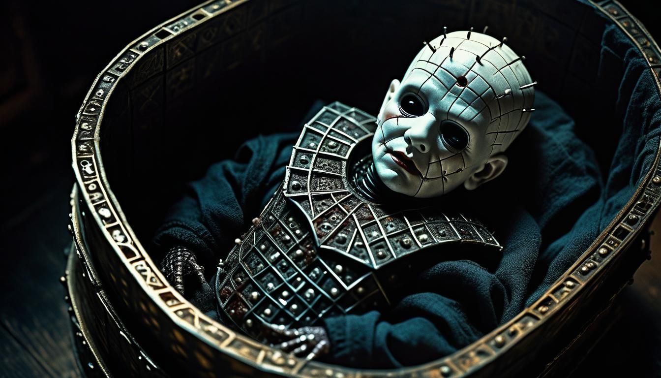 Baby Pinhead with Puzzle Box in Surreal Horror