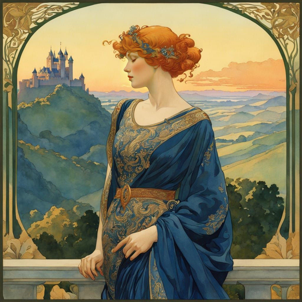 Golden Sunrise on a Cliff, Dragon by Her Side