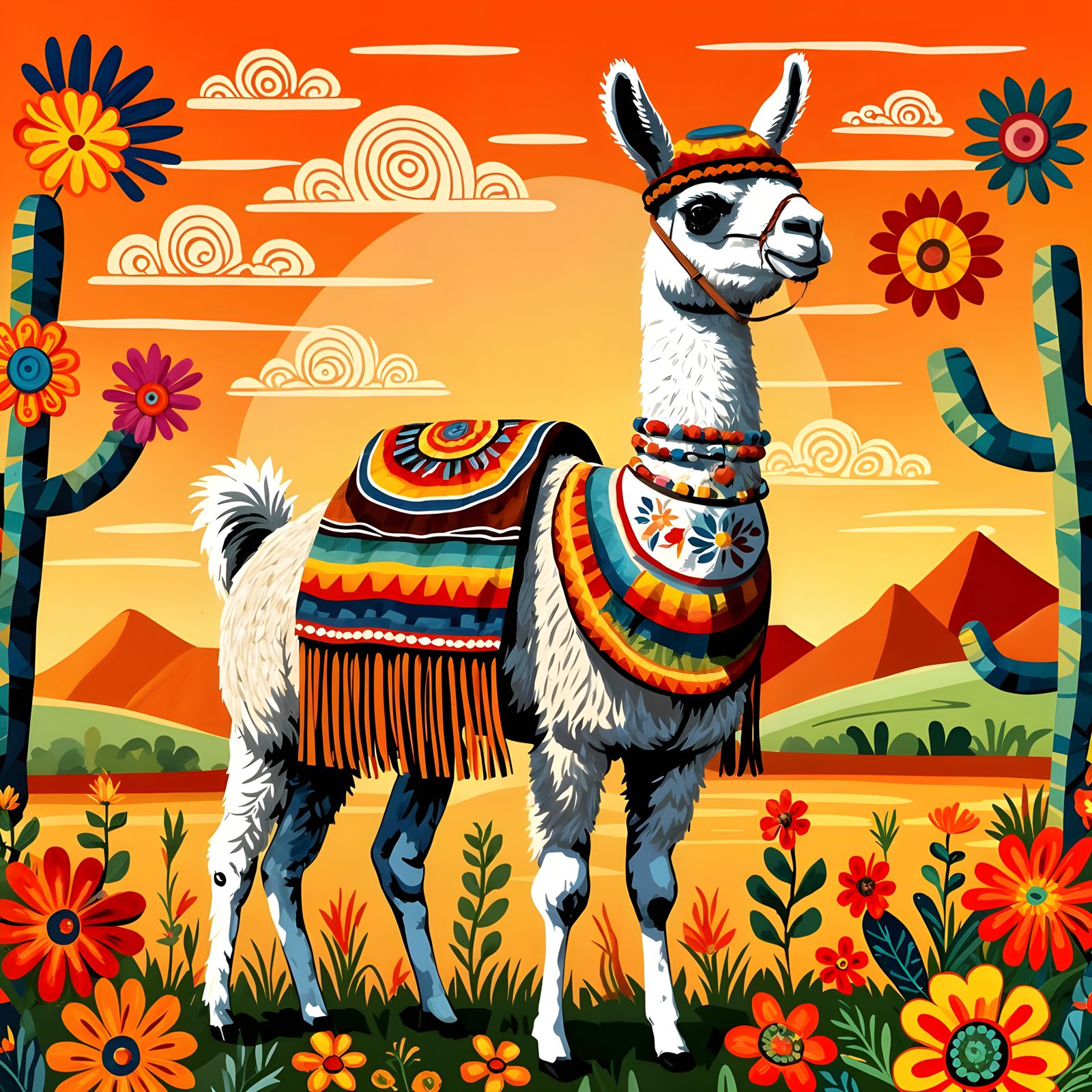 Llama in Sombrero on Lush Meadow