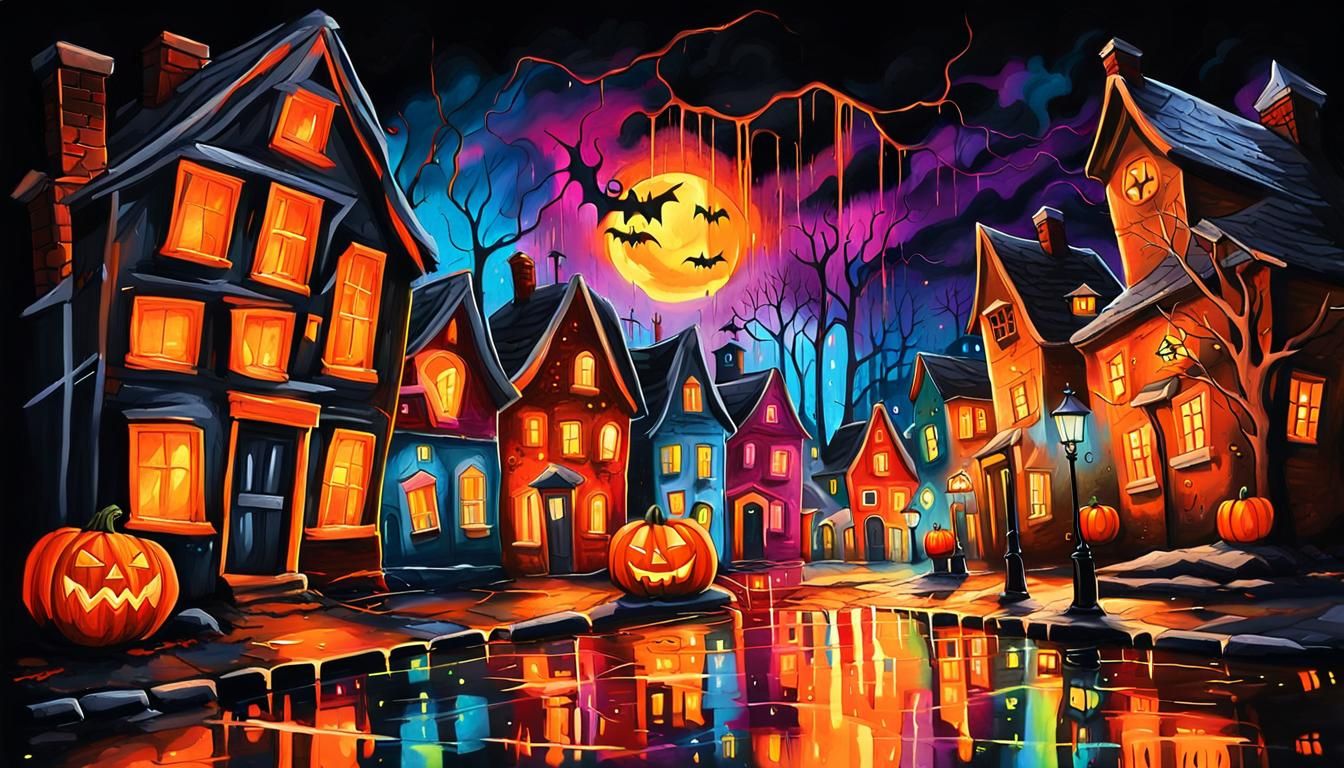 Halloween Village in Graffiti Art Style