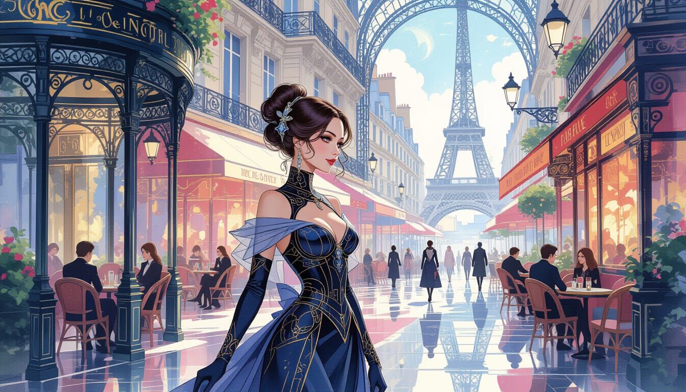 Futuristic Parisian Woman in Retro Art Nouveau Style