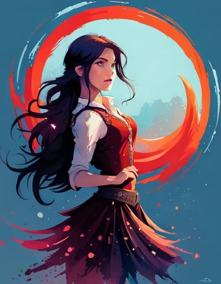 Gypsy Girl with Flowing Hair, Liquid Gouache Painting