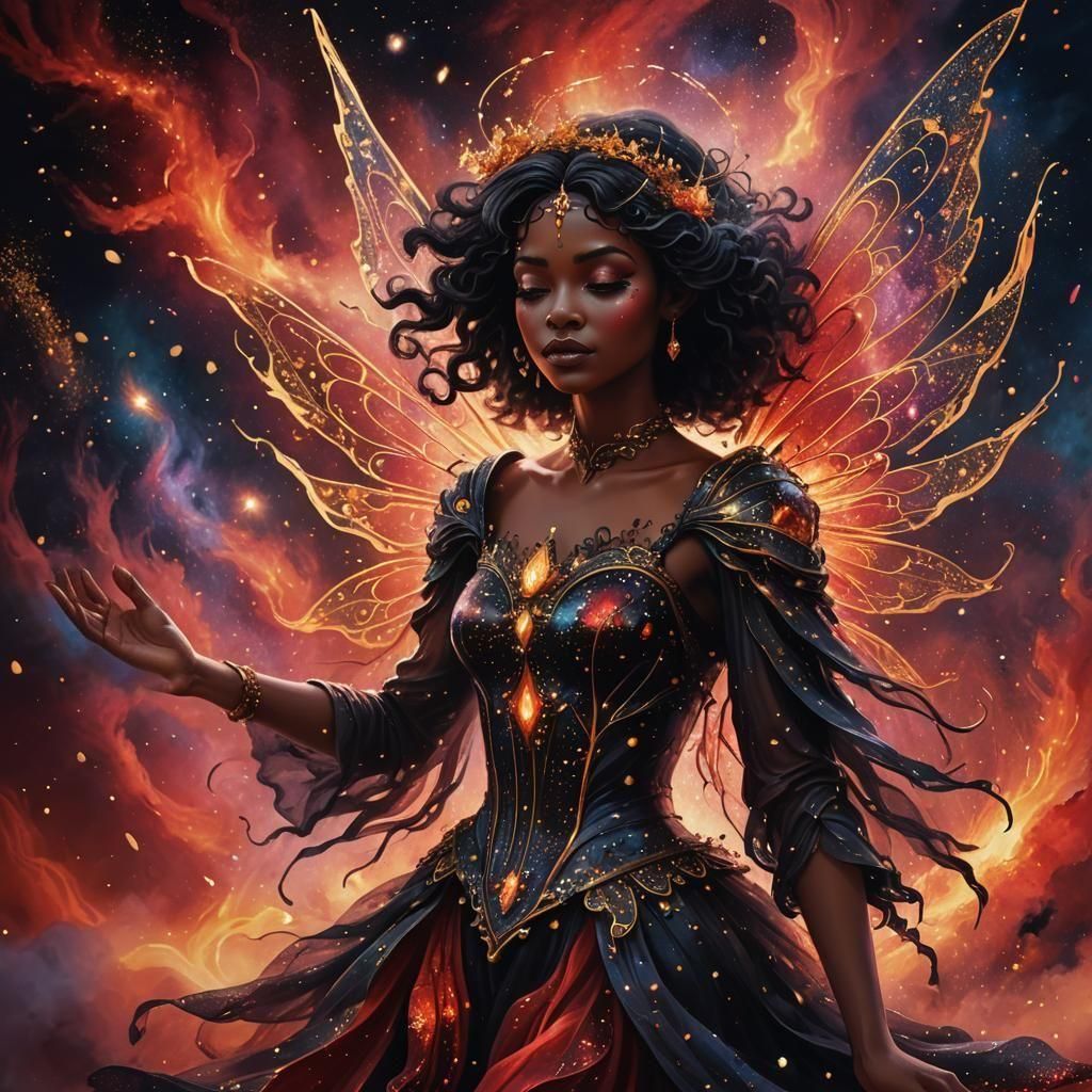 Stardust Fairy in Luminescent Sky, Mixed Media