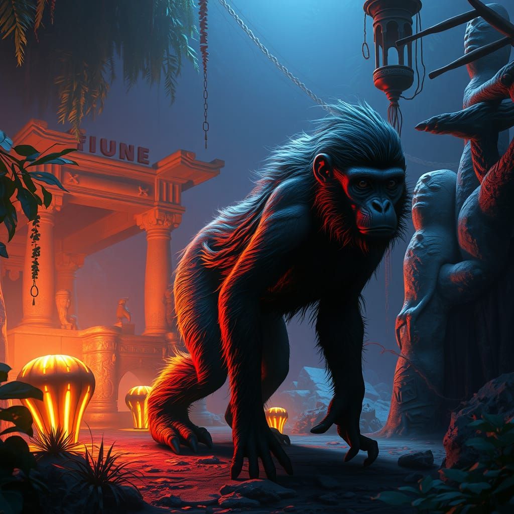 Hybrid Primate in Mystical Jungle, Fantasy Concept Art