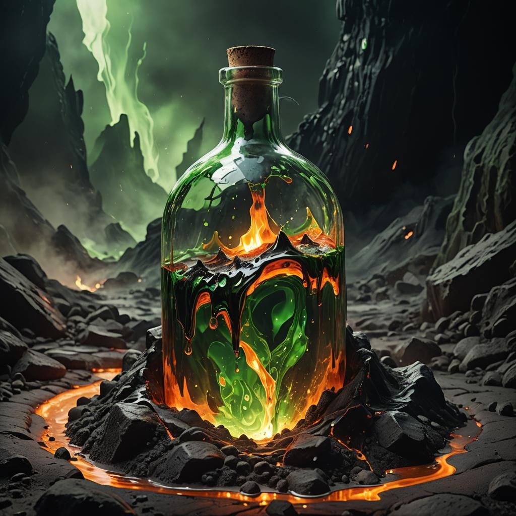 Glass Bottle Melts on Lava: Dark Fantasy Art