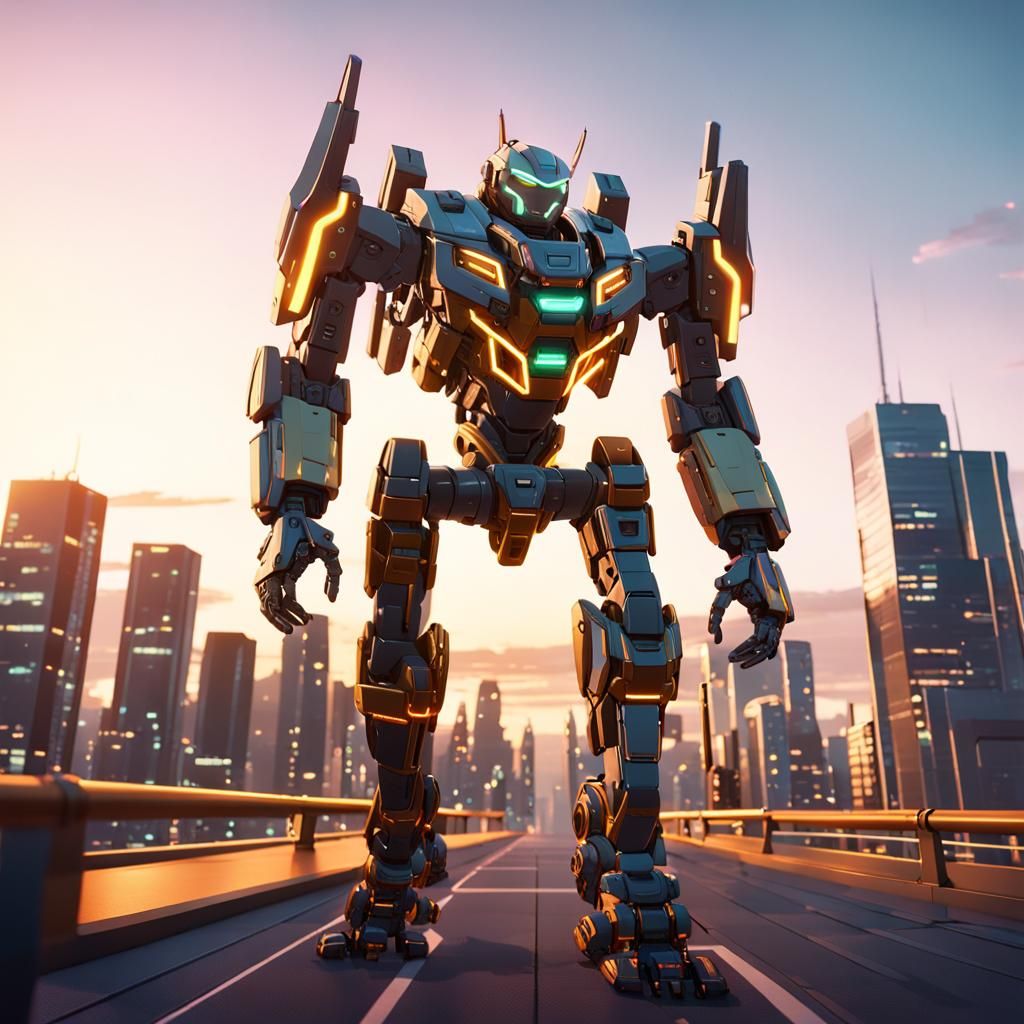 Anime Mech Suit in Neon Cityscape