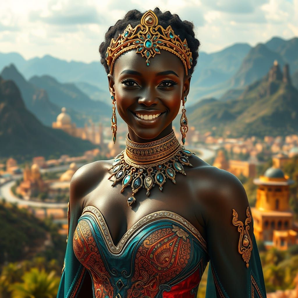 Cyberpunk Princess of Lemuria with Golden Cityscape