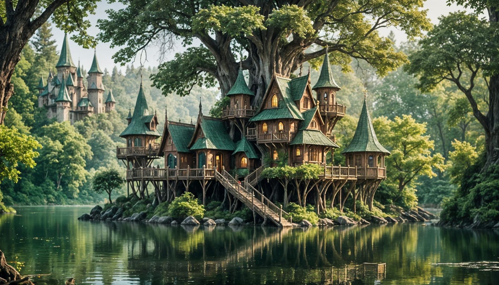Elven Treehouses with Round Towers by a Lake