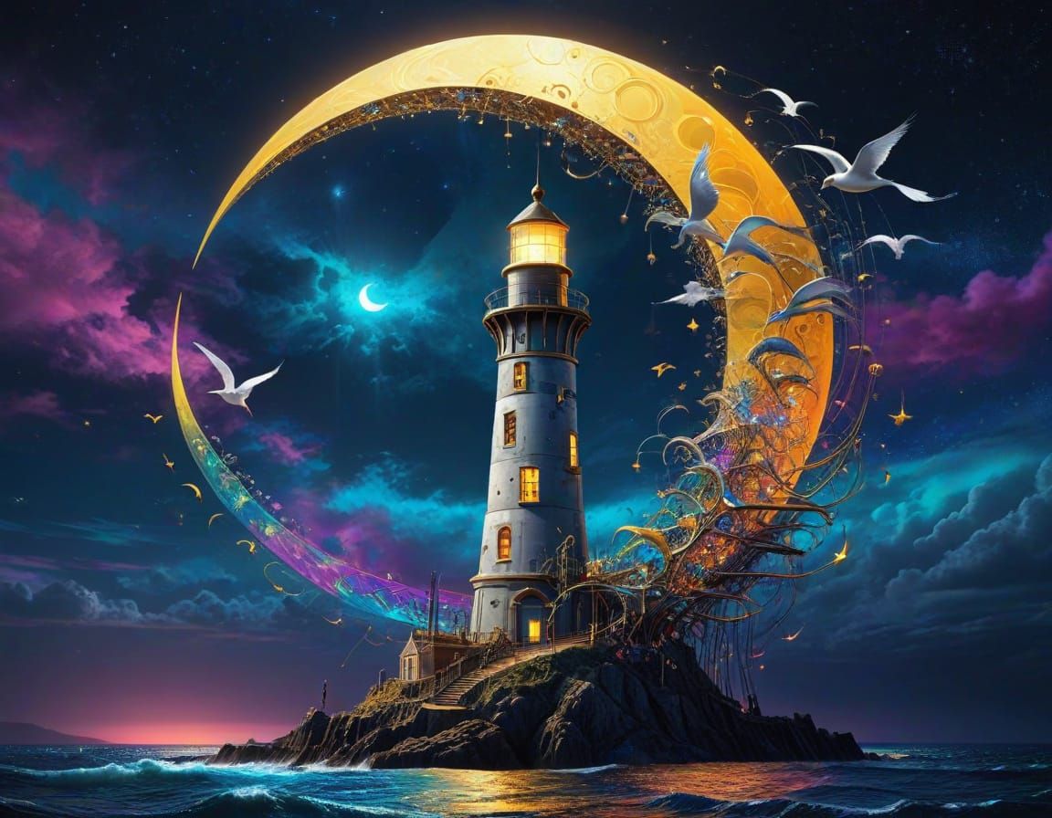 Surreal Steampunk Lighthouse Ascends to the Cosmos