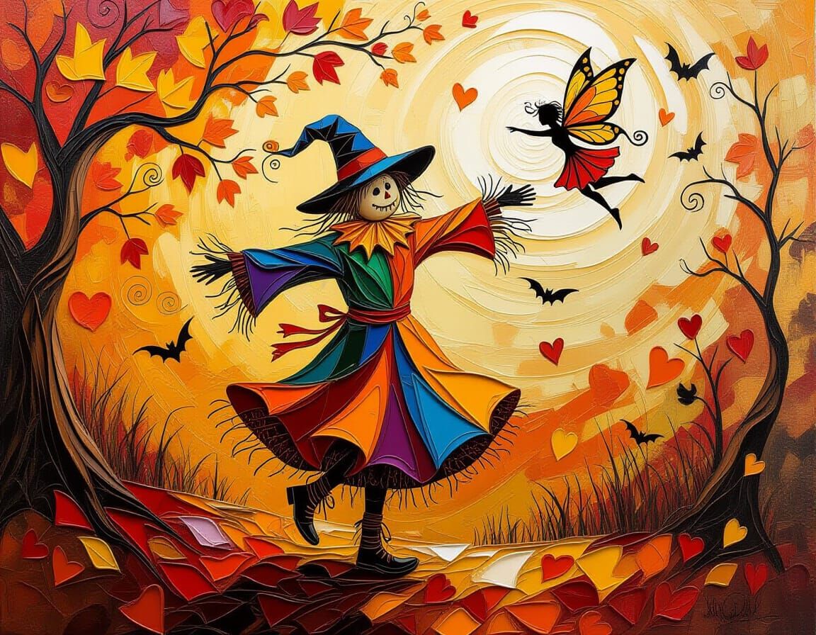 Surreal Scarecrow Dancing in Autumn Tempest