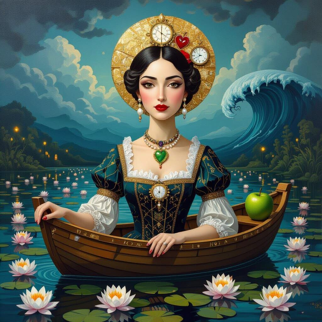 Cubist Woman in Boat with Melting Clocks & Gold Leaf