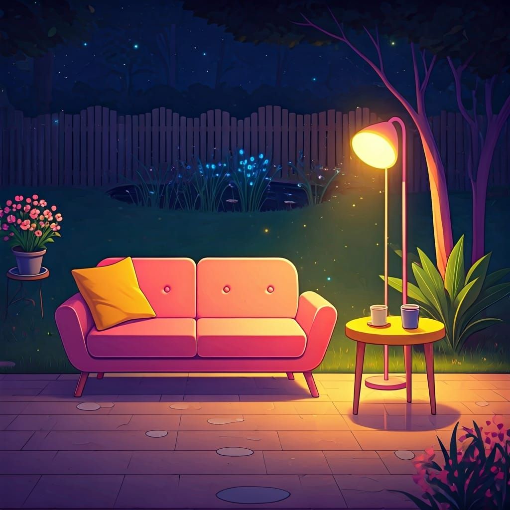 Cozy Living Room with Pink Sofa and Pond