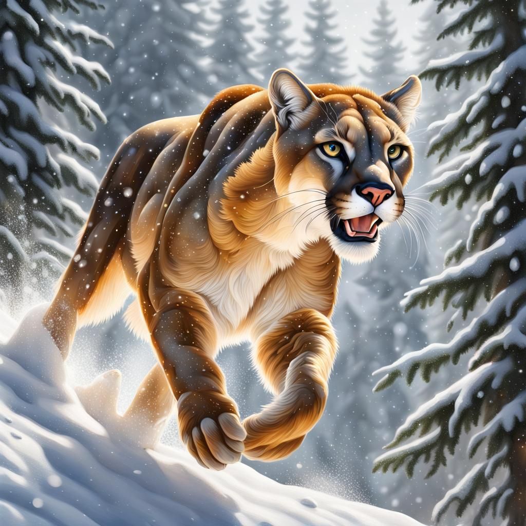 Golden Mountain Lion Leaping in Snowy Forest