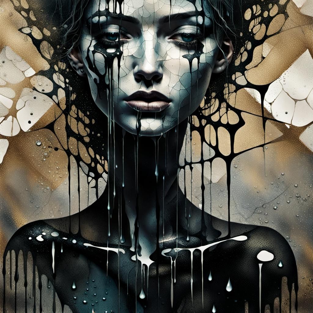 Surreal Woman's Portrait with Cosmic Ink Drips