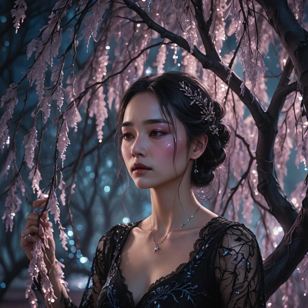 Ethereal Weeping Woman Under Midnight Willow Tree