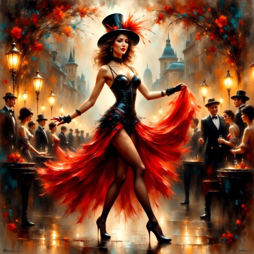 Burlesque Dancer on Moulin Rouge Stage as Impressionist Pain...