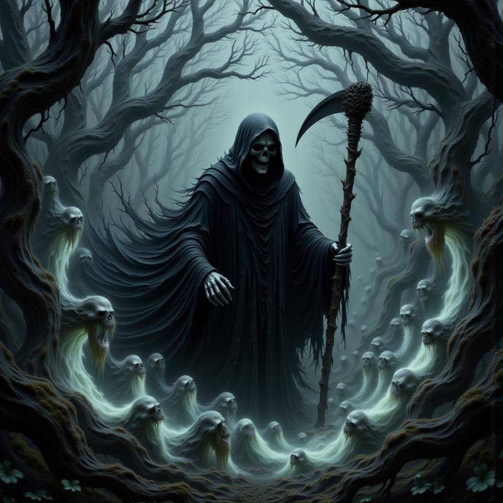 Grim Reaper Closes a Vortex of Ethereal Souls in a Dark Goth...