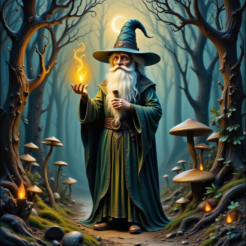 Enchanted Gnome in Twilight Forest, Mystical Realism